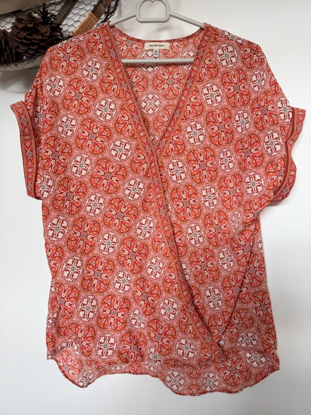Max Studio Coral-Patterned V-Neck Wrap Blouse